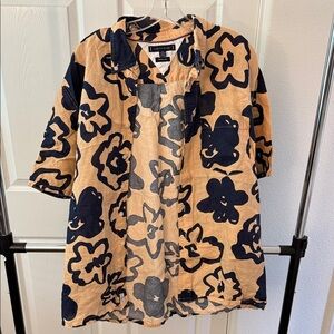Tommy Hilfiger Orange and Navy Floral Casual Button Premium Linen Shirt